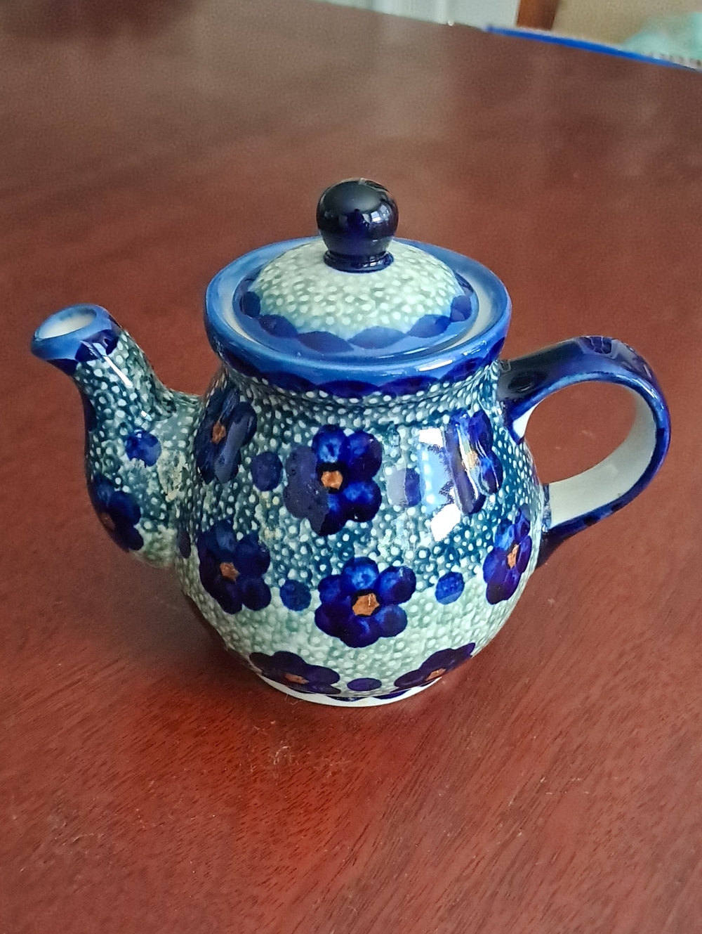 Polish Pottery Hand-Painted Blue Floral Ceramic Individual Teapot